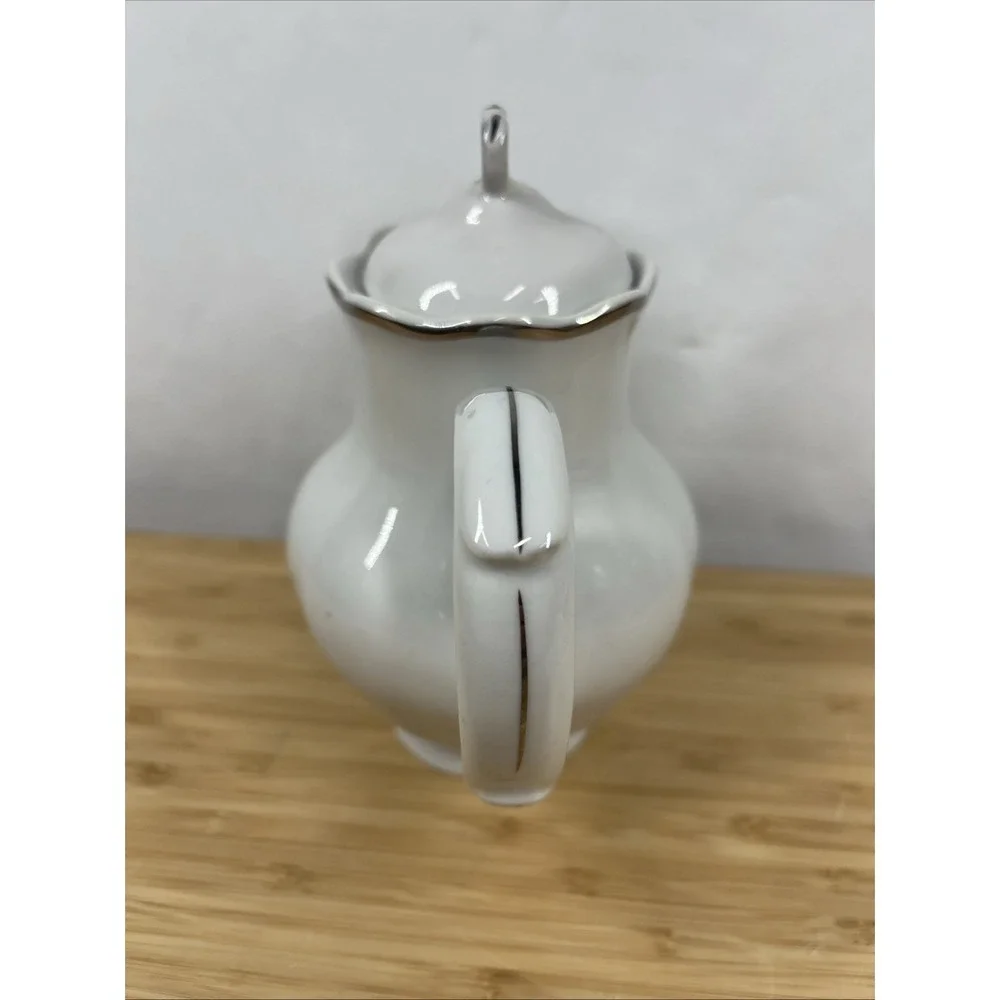 Vintage Polish Porcelain Teapot White Gold Trim – Repaired Lid – Made in‎ Poland